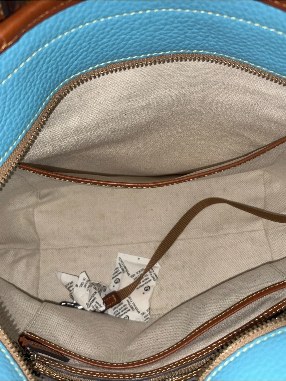 Dooney & Bourke Pebble Leather Tote Bag in Sky Blue with Brown Trim